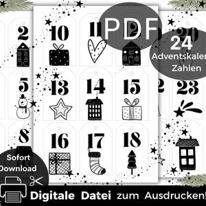 Advent calendar numbers to print, number 1-24 Christmas calendar PDF, DIY Advent calendar numbers download, Christmas numbers Advent