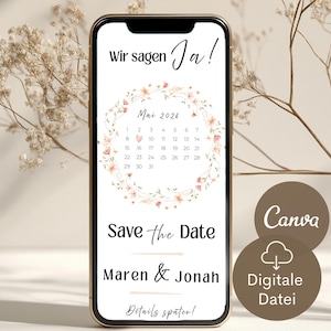 Save the Date Hochzeit Wildblumen| digitale Einladung Hochzeitsfeier | eCard WhatsApp Trauung | Hochzeitseinladung Vorlage Canva Blumenkranz