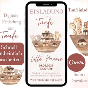 Invitation au baptême de l'Arche de Noé, carte d'invitation WhatsApp, carte virtuelle personnalisable pour baptême de fille, invitation au baptême de l'Arche Boho, modèle Canva en rose
