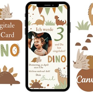 May include: A digital invitation for a dinosaur-themed birthday party. The invitation features a green and brown dinosaur with the text "DINO" and a photo of a young boy. The text on the invitation reads "Ich werde 3 und Du bist eingeladen!" which translates to "I am turning 3 and you are invited!" The invitation also includes the date and time of the party, "Donnerstag, 20. April 15:50 Uhr", which translates to "Thursday, April 20th at 3:50 PM".