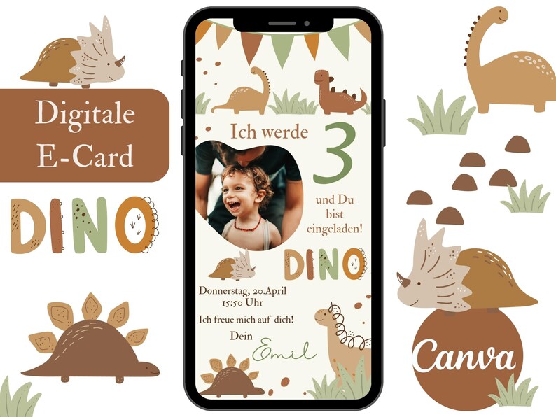 May include: A digital invitation for a dinosaur-themed birthday party. The invitation features a green and brown dinosaur with the text "DINO" and a photo of a young boy. The text on the invitation reads "Ich werde 3 und Du bist eingeladen!" which translates to "I am turning 3 and you are invited!" The invitation also includes the date and time of the party, "Donnerstag, 20. April 15:50 Uhr", which translates to "Thursday, April 20th at 3:50 PM".