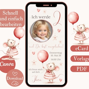 Einladung zum 2. Geburtstag für Mädchen | digitale Einladungskarte mit Foto | eCard Kindergeburtstag Rosa | WhatsApp Vorlage Canva 2 Jahre