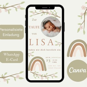 Digitale Einladung Taufe, Taufeinladung mit Foto, Edtierbare Canva Vorlage, Regenbogen Einladungskarte WhatsApp, Tauffest Mädchen