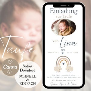 Digitale uitnodiging doop, uitnodigingskaart met foto en regenboog, gepersonaliseerde doopuitnodiging meisje, eCard sjabloon Canva WhatsApp Boho