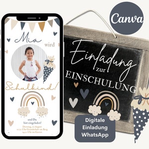 Invitation numérique à l'école, e-carte premier jour d'école, modèle de carte d'invitation Canva, carte personnalisée rentrée scolaire arc-en-ciel fille