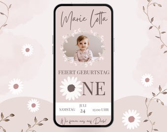 Invitación para el primer cumpleaños de una niña – Tarjeta de invitación digital infantil con el número UNO, diseño de margarita y foto, plantilla de Canva, 1 año, rosa boho