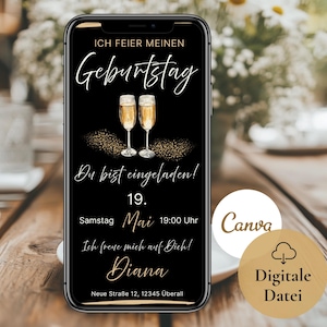 Convite de aniversário para mulher, cartão de convite digital WhatsApp festa de aniversário, modelo de eCard espumante champanhe, convite de aniversário para mulheres