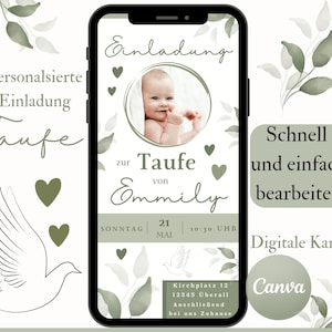 Invitation Baptême Eucalyptus, carte d'invitation numérique fille garçon, e-Carte Baptême personnalisée pour WhatsApp, Modèle fête Baptême Canva vert