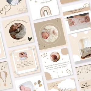 Puede incluir: Una colecci&oacute;n de tarjetas cuadradas con un esquema de color beige y marr&oacute;n, con ilustraciones y texto con tem&aacute;tica de beb&eacute;. Las tarjetas incluyen im&aacute;genes de un beb&eacute;, pies de beb&eacute; y una cuna. El texto incluye frases como "Aus dem Bauch mitten ins Herz" y "Liam."