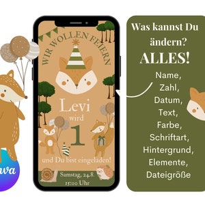 Puede incluir: Una invitaci&oacute;n digital para una fiesta de primer cumplea&ntilde;os, con un zorro de dibujos animados y globos. La invitaci&oacute;n est&aacute; en la pantalla de un smartphone, con texto en alem&aacute;n. Una segunda pantalla muestra opciones de personalizaci&oacute;n.