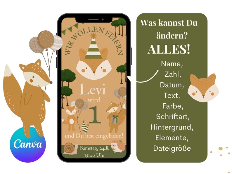 Puede incluir: Una invitaci&oacute;n digital para una fiesta de primer cumplea&ntilde;os, con un zorro de dibujos animados y globos. La invitaci&oacute;n est&aacute; en la pantalla de un smartphone, con texto en alem&aacute;n. Una segunda pantalla muestra opciones de personalizaci&oacute;n.