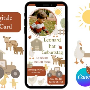 K&ouml;nnte beinhalten: Eine digitale Geburtstagseinladung mit einem Bauernhof-Thema. Die Einladung zeigt ein Cartoon-Bild eines Jungen, eines Bauernhofs, von Tieren und einem Traktor. Der Text auf der Einladung lautet: "Leonard hat Geburtstag. Er m&ouml;chte mit DIR feiern! Samstag, 10.10.23 15:30 Uhr. Jede Str. 123 12345 &Uuml;berall."