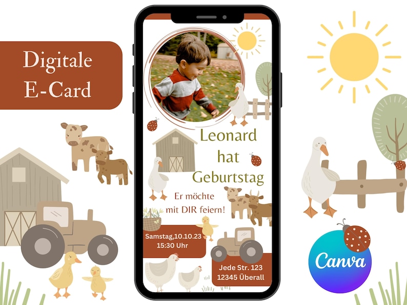 K&ouml;nnte beinhalten: Eine digitale Geburtstagseinladung mit einem Bauernhof-Thema. Die Einladung zeigt ein Cartoon-Bild eines Jungen, eines Bauernhofs, von Tieren und einem Traktor. Der Text auf der Einladung lautet: "Leonard hat Geburtstag. Er m&ouml;chte mit DIR feiern! Samstag, 10.10.23 15:30 Uhr. Jede Str. 123 12345 &Uuml;berall."