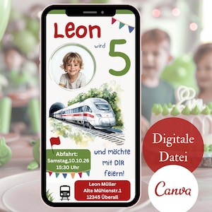 Invitation numérique train ICE pour garçons, eCard personnalisable avec photo, invitation anniversaire enfant WhatsApp Canva, invitation anniversaire