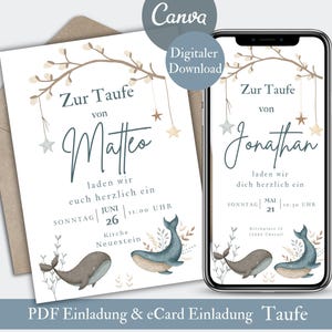 Doopuitnodiging, digitale doopuitnodiging walvis, uitnodigingskaart WhatsApp, PDF om af te drukken sjabloon Canva, eCard doop jongen meisje vis