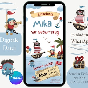 Convite de aniversário infantil pirata, cartão de convite personalizado menino, convite de aniversário eCard pirata, modelo WhatsApp Canva