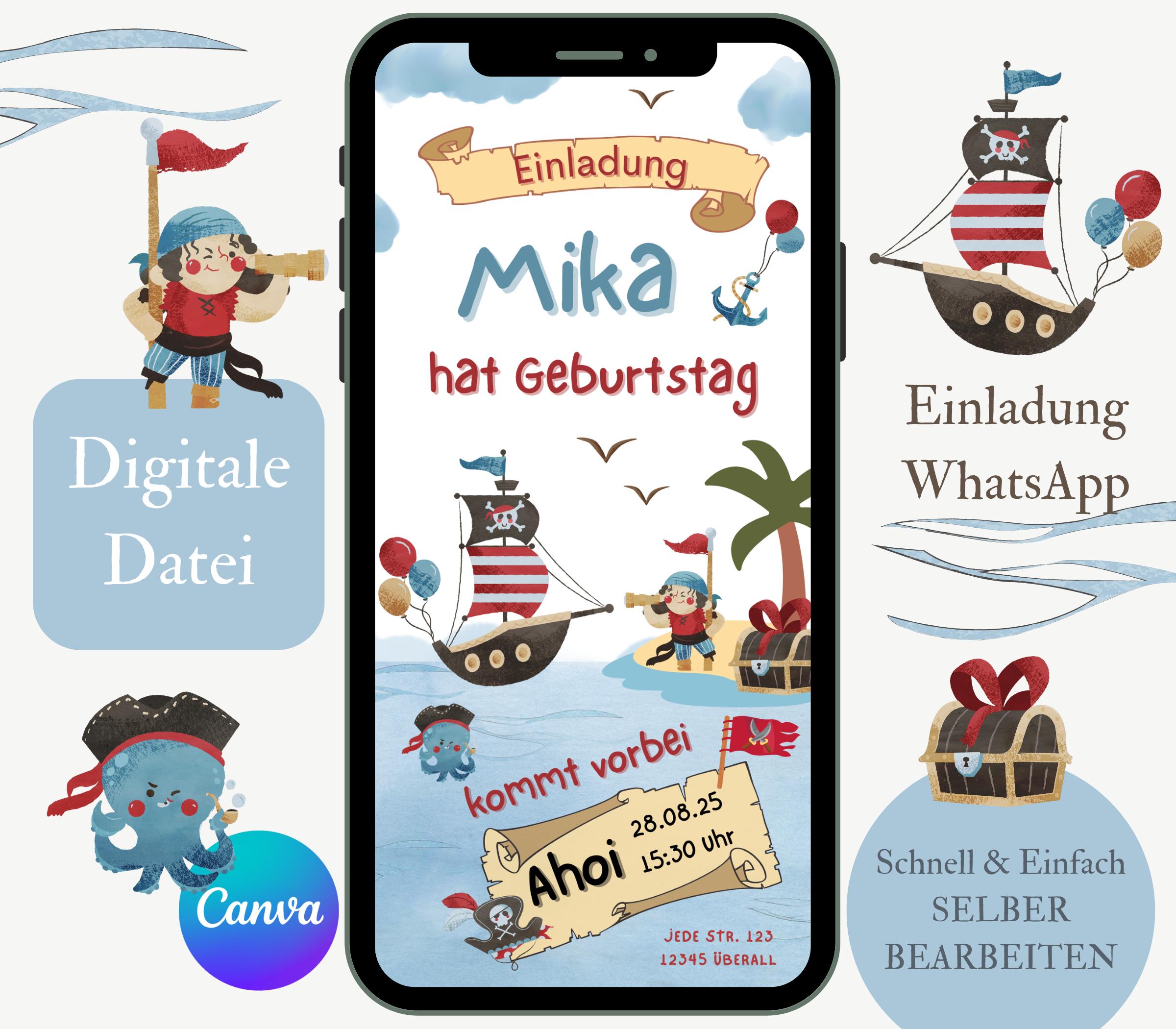 WBdesignz Pirat Geburtstagskarte DIN A6 – Mit Umschlag, Für Jungen & Kinder, Mit Piratenmotiv & Luftballons