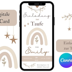 Einladung Taufe Regenbogen Einladungskarte Taufe digital personalisierte e-Card WhatsApp Einladung Regenbogen Boho Taufe Canva Vorlage