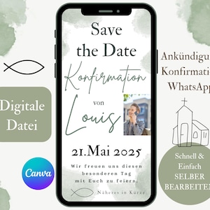 Save the Date Konfirmation Junge, eCard Ankündigung Einladung Kommunion WhatsApp, digitale Vorlage Canva, Erstkommunion grün