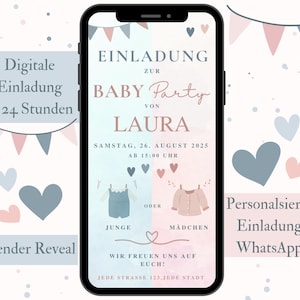 Invitation à la baby shower, carte d’invitation numérique, révélation du sexe de la fête de bébé, carte électronique de baby shower, carte WhatsApp personnalisée pour garçon ou fille