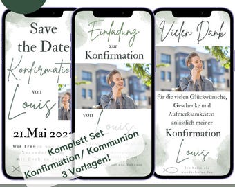 Digital invitation for a boy's confirmation, eCard announcement, Save the Date for First Communion (WhatsApp), digital template (Canva), thank you notes for gifts (green)