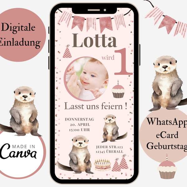 Digital invitation children's birthday with photo, personalizable e-card with otter, WhatsApp birthday invitation girl, template Canva image