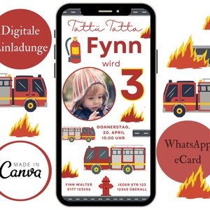 Digitale Einladung Kindergeburtstag, Geburtstagseinladung Feuerwehr personalisierbare E-Card WhatsApp, Einladungskarte Junge Canva Vorlage