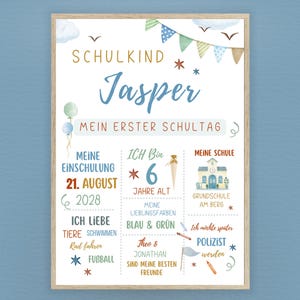 Könnte beinhalten: Ein gerahmter Aquarelldruck mit dem Text "SCHULKIND Jasper MEIN ERSTER SCHULTAG" in Blau und Gold. Der Druck enthält Details über den ersten Schultag des Kindes, einschließlich seines Alters, seiner Lieblingsfarben und des Schulnamens.
