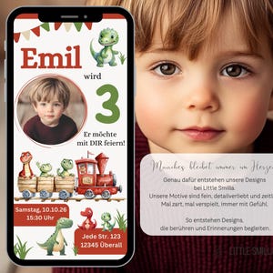 K&ouml;nnte beinhalten: Digitale Einladung zum dritten Geburtstag, angezeigt auf einem Smartphone. Das Design zeigt ein Kinderfoto, den Namen "Emil" und Dinosaurier-Illustrationen. Der Text enth&auml;lt Datum, Uhrzeit und Adresse der Party.
