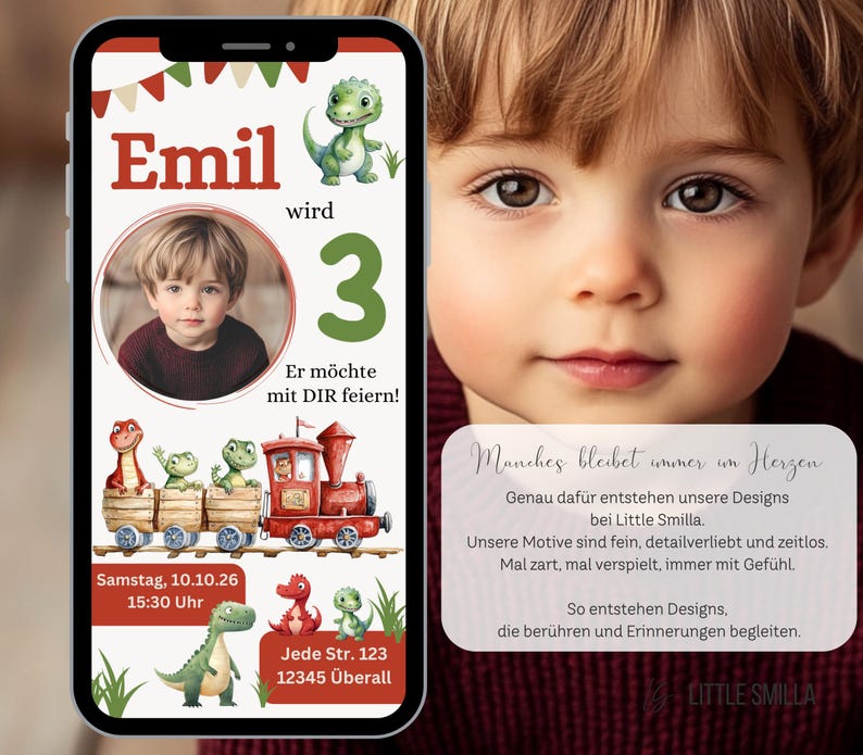 K&ouml;nnte beinhalten: Digitale Einladung zum dritten Geburtstag, angezeigt auf einem Smartphone. Das Design zeigt ein Kinderfoto, den Namen "Emil" und Dinosaurier-Illustrationen. Der Text enth&auml;lt Datum, Uhrzeit und Adresse der Party.