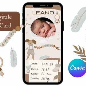 Anuncio de nacimiento digital, anuncio de nacimiento de un niño, plantilla de tarjeta de nacimiento Canva, anuncio de nacimiento de tarjeta electrónica WhatsApp, plantilla de fecha de nacimiento