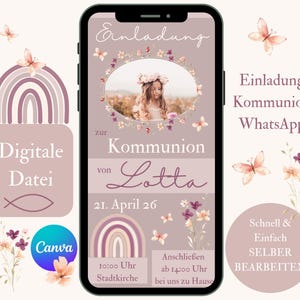 Invitation communion fille avec photo, carte d'invitation personnalisable WhatsApp, modèle numérique Canva, confirmation première communion rose
