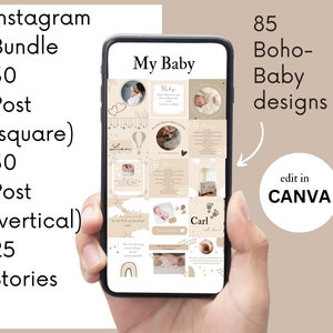 Puede incluir: Un smartphone muestra un paquete de publicaciones de Instagram con tem&aacute;tica de beb&eacute;. El paquete incluye 30 publicaciones cuadradas, 30 publicaciones verticales y 25 historias. El dise&ntilde;o es de estilo boho, con el texto "My Baby" y "edit in CANVA".