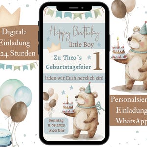 Convite digital de aniversário infantil, cartão de convite eCard de primeiro aniversário, convite de aniversário WhatsApp menino, cartão personalizado