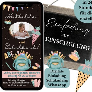 Convite para escola para meninas, cartão de convite digital para o início das aulas com foto, convite do WhatsApp para a escola, convite eCard no estilo quadro-negro rosa