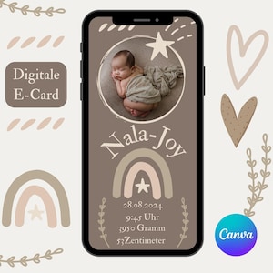 Anuncio de nacimiento digital boho, anuncio de nacimiento WhatsApp niño niña, plantilla personalizada de Canva nacimiento, anunciar nacimiento con foto