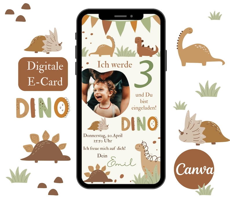 May include: A digital birthday invitation for a child turning three. The invitation features a cartoon dinosaur, a photo of a child, and the text "Ich werde 3 und Du bist eingeladen!" (I am turning 3 and you are invited!).
