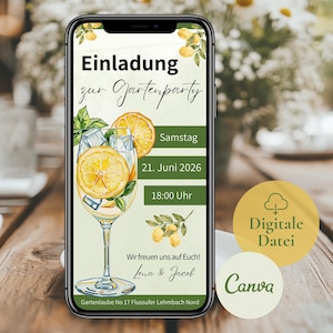 Digitale Einladung Gartenparty, Sommerfest Zitrone, personalisierte WhatsApp Einladungskarte Geburtstag Frau Paar Limoncello, Canva Vorlage