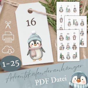 Può includere: Bigliettini regalo bianchi con illustrazioni di pinguini per un calendario dell'Avvento. Un bigliettino presenta il numero 16 e un pinguino con cappello e sciarpa. Sono visibili anche altri bigliettini numerati da 1 a 25.