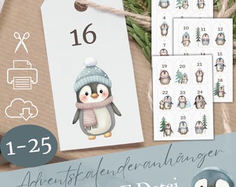 Adventskalender cijfers pinguïn om af te drukken PDF 1–24, digitale hangers voor kinderen, DIY Advent download Kerstmis, Adventskalender cijfers