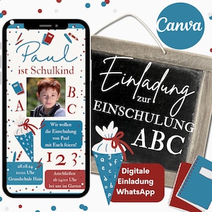 Digitale Einladung zur Einschulung, e-Card Schulanfang, dpersonalsierte Einladungskarte Schulkind, Einladung WhatsApp, Canva Vorlage Junge