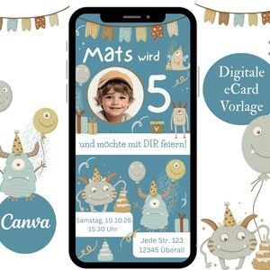 Invito digitale per compleanno bambini con mostro, biglietto d'invito per festa a tema mostro con foto, modello Canva per invito compleanno bambino, eCard bambino