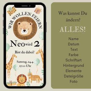Safari-themed children's birthday party invitations with animals, customizable | Lion, Giraffe, Tiger invitation card for boys image 10