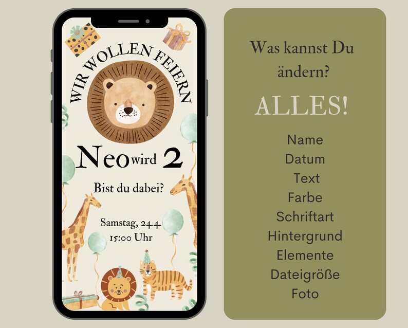 Safari-themed children's birthday party invitations with animals, customizable | Lion, Giraffe, Tiger invitation card for boys image 10