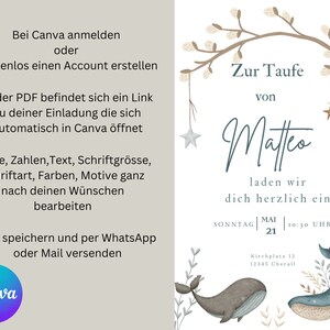 Puede incluir: Una invitaci&oacute;n azul claro y blanca con una ilustraci&oacute;n de acuarela de una rama con hojas y estrellas. El texto dice "Zur Taufe von Matteo" e incluye la fecha y la hora del evento. La invitaci&oacute;n tambi&eacute;n incluye un enlace a Canva para personalizar el dise&ntilde;o.