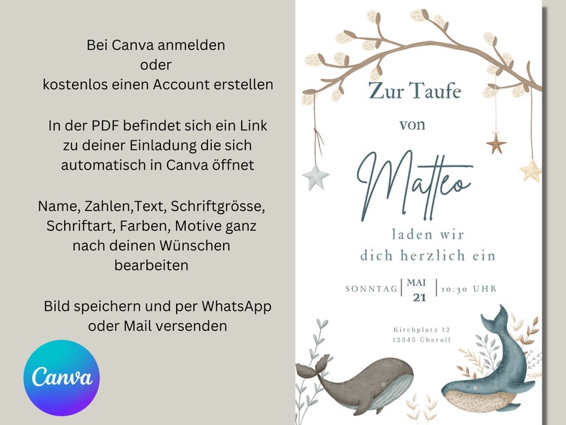 Puede incluir: Una invitaci&oacute;n azul claro y blanca con una ilustraci&oacute;n de acuarela de una rama con hojas y estrellas. El texto dice "Zur Taufe von Matteo" e incluye la fecha y la hora del evento. La invitaci&oacute;n tambi&eacute;n incluye un enlace a Canva para personalizar el dise&ntilde;o.