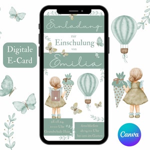 Digitale Einladung Einschulung, Einladungskarte Schulstart, personalisierte Einladung Mädchen, E-Card WhatsApp Fee, erster Schultag