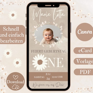 Invitation Children's Birthday Girl - Digital Invitation Card 1st Birthday with ONE Motif Daisy and Photo, Canva Template 1 Year Boho