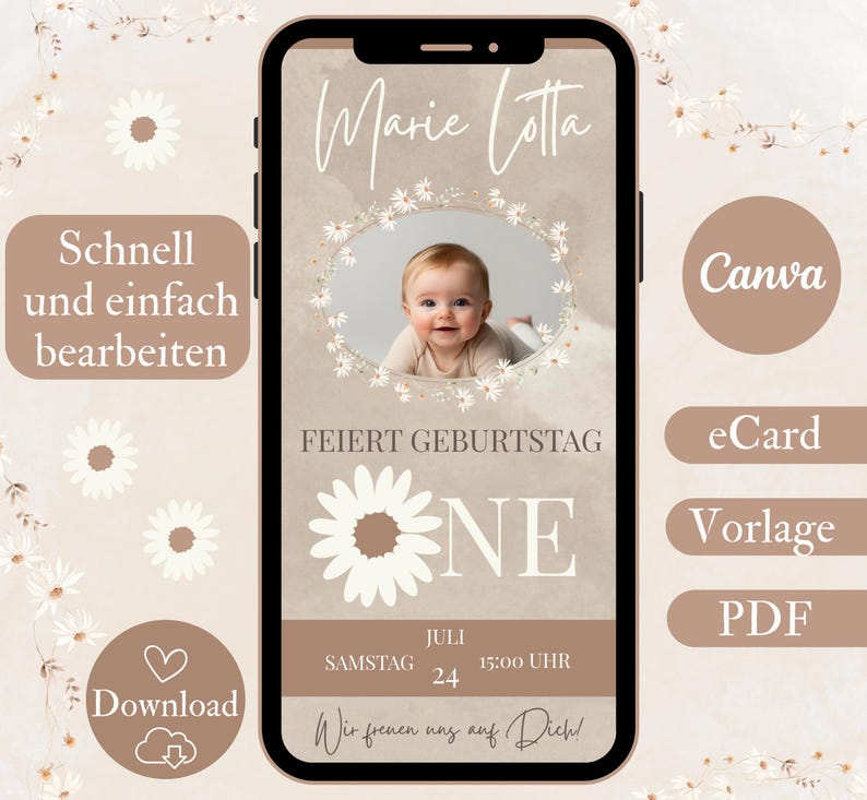 Eine digitale Geburtstagseinladung für ein Baby Mädchen. Die Einladung zeigt ein Foto des Baby Mädchens, einen Blumenkranz und Text. Die Einladung ist in einem hellbraunen und weißen Farbschema gestaltet.
