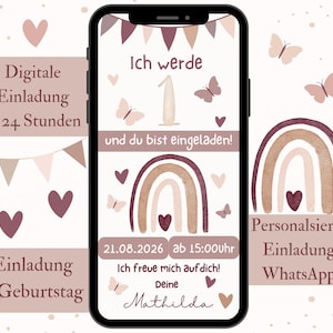 Einladung 1. Geburtstag Regenbogen, Digitale Einladung Kindergeburtstag WhatsApp, e-Card Einladung rosa, Geburtstagseinladung Mädchen 1 Jahr